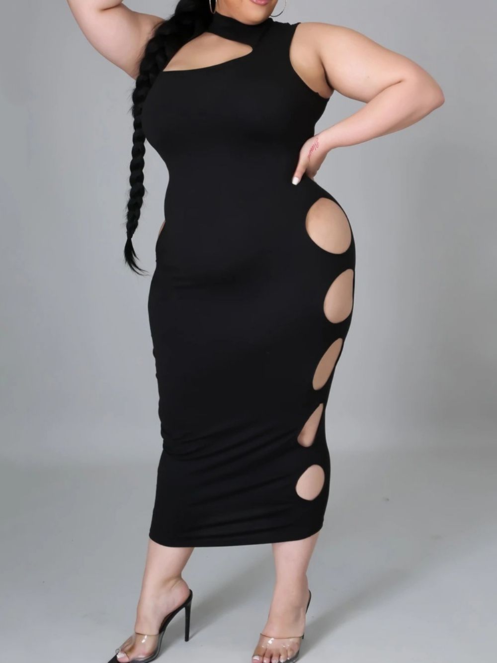 Vestido Liso Sem Mangas Até A Panturrilha Oco Plus Size