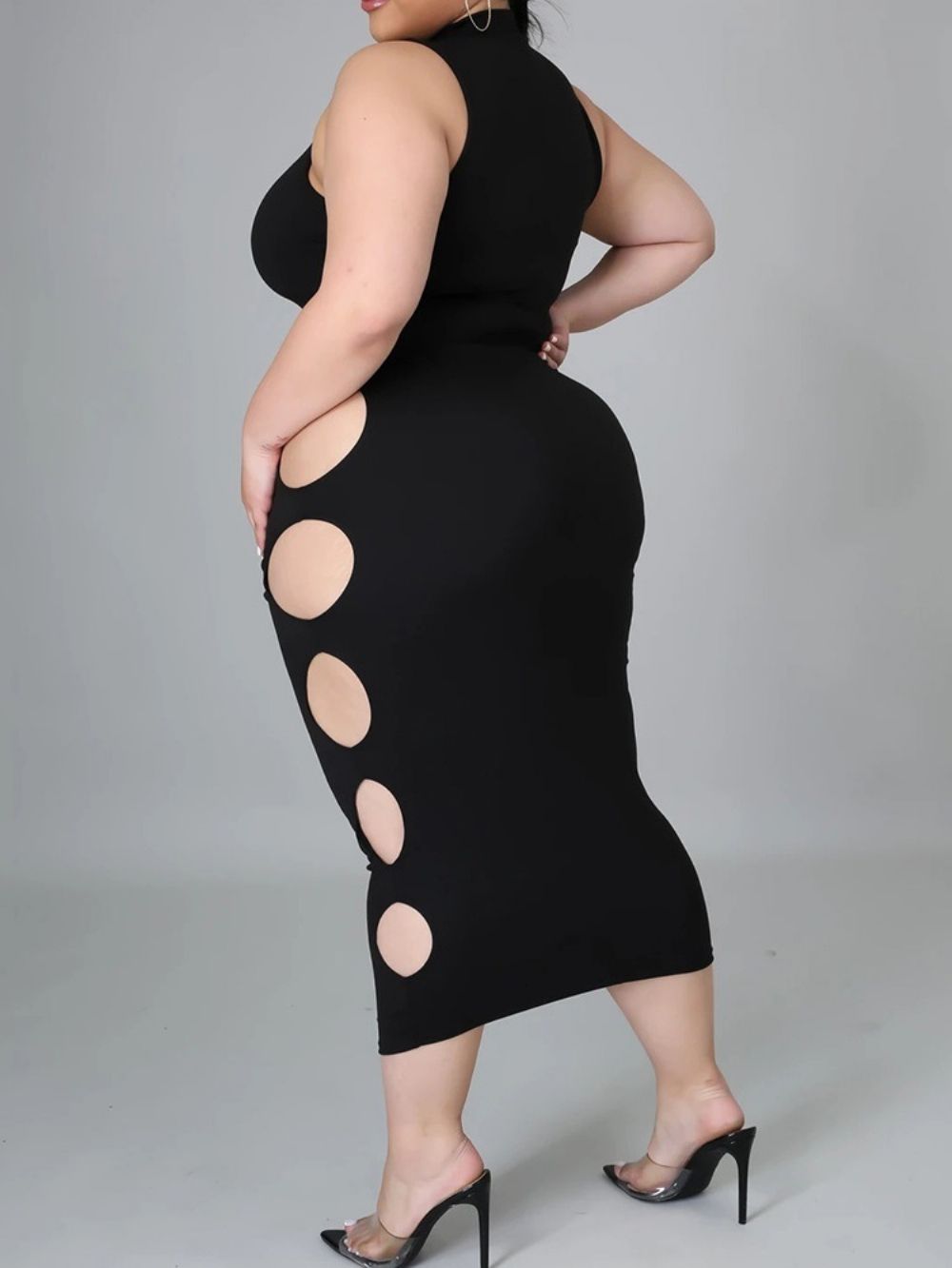 Vestido Liso Sem Mangas Até A Panturrilha Oco Plus Size