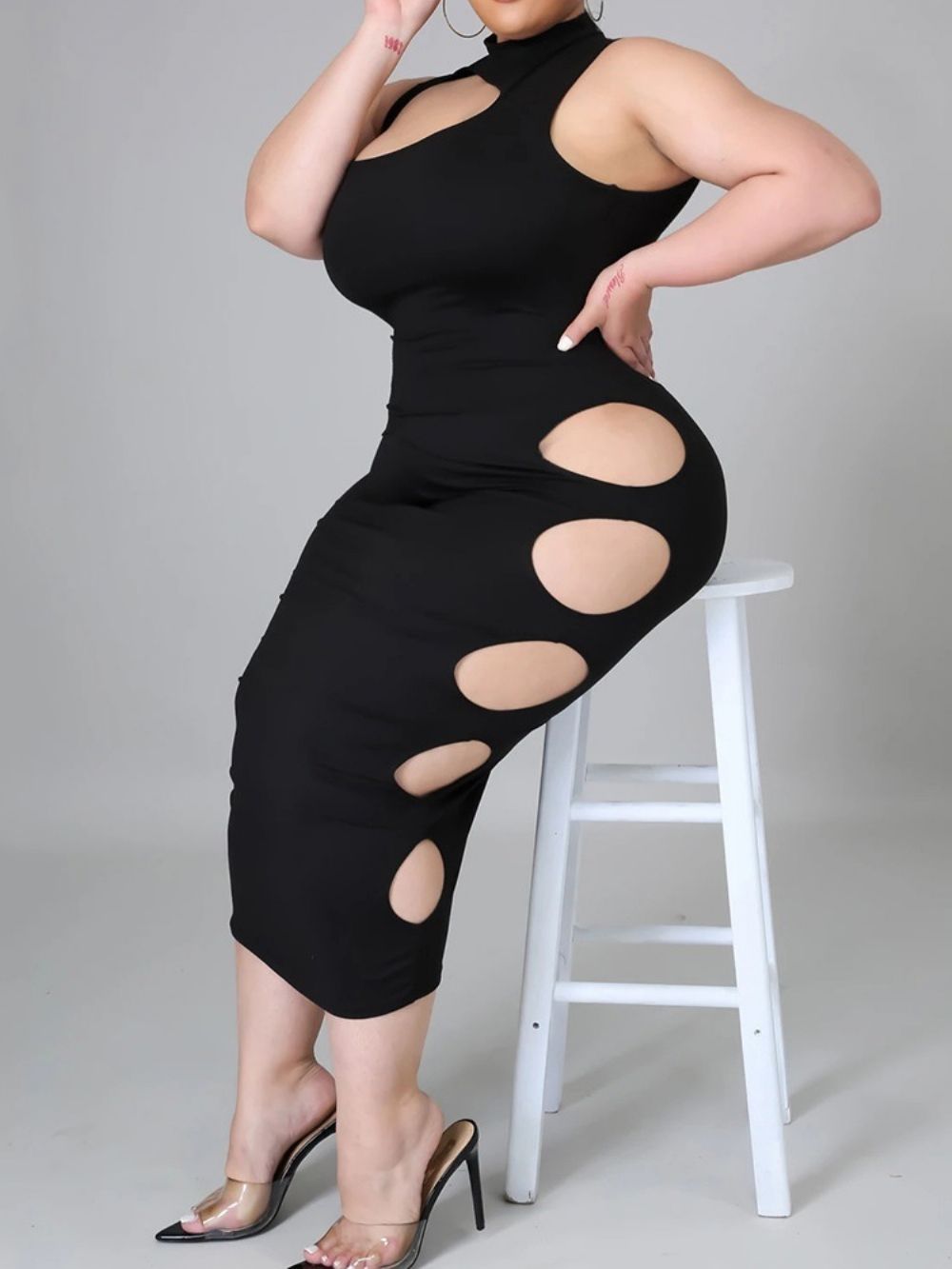 Vestido Liso Sem Mangas Até A Panturrilha Oco Plus Size