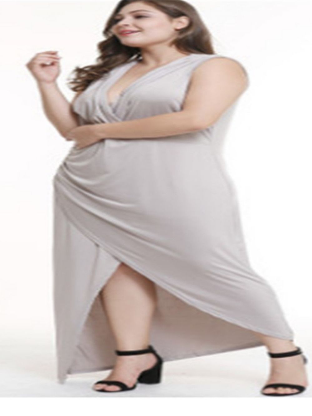 Vestido Liso Sem Mangas Até O Chão Com Decote Em V Plus Size