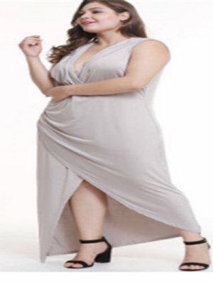 Vestido Liso Sem Mangas Até O Chão Com Decote Em V Plus Size