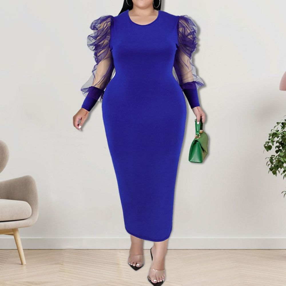 Vestido De Malha Gola Redonda Plus Size Manga Longa Bodycon Manga Bufante Bodycon Vestido