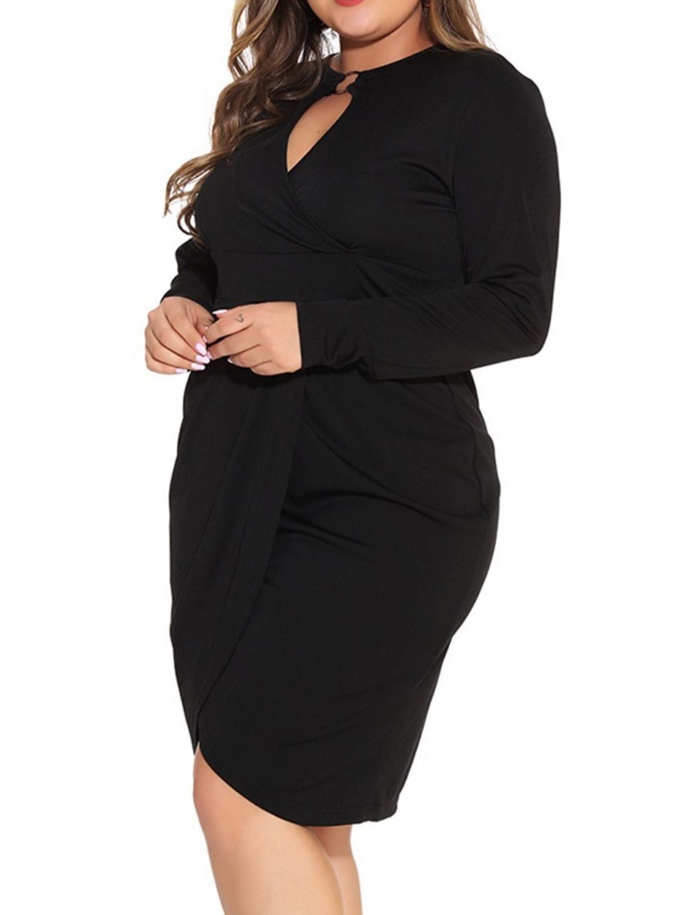 Vestido De Manga Comprida Assimétrica Na Altura Do Joelho Liso Preto Bodycon Plus Size