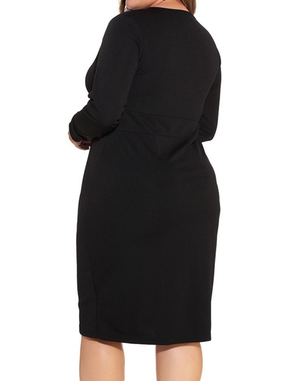 Vestido De Manga Comprida Assimétrica Na Altura Do Joelho Liso Preto Bodycon Plus Size