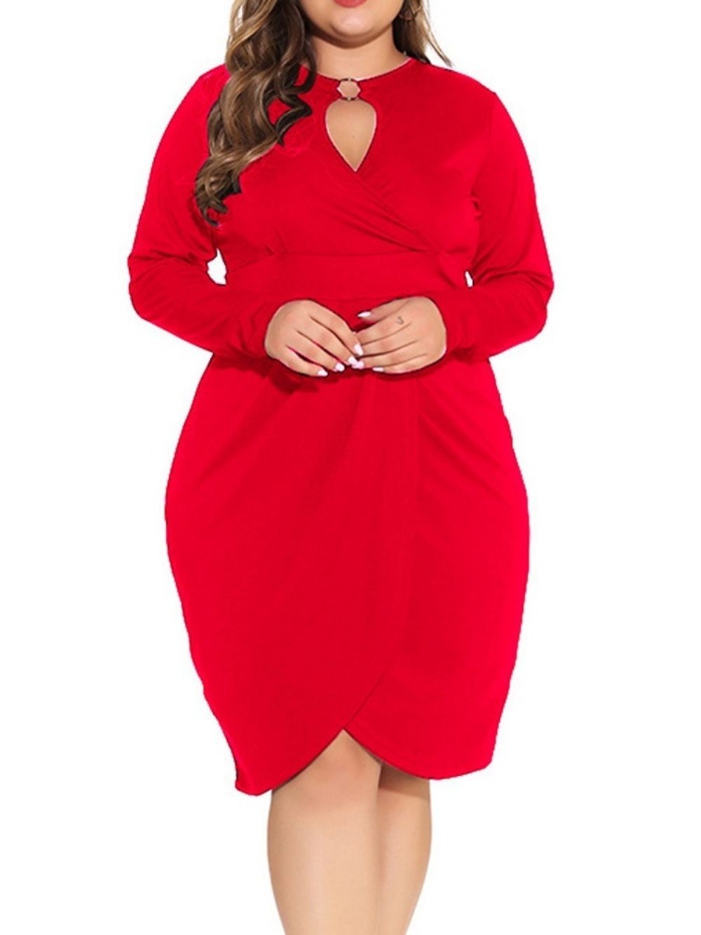 Vestido De Manga Comprida Assimétrica Na Altura Do Joelho Liso Preto Bodycon Plus Size