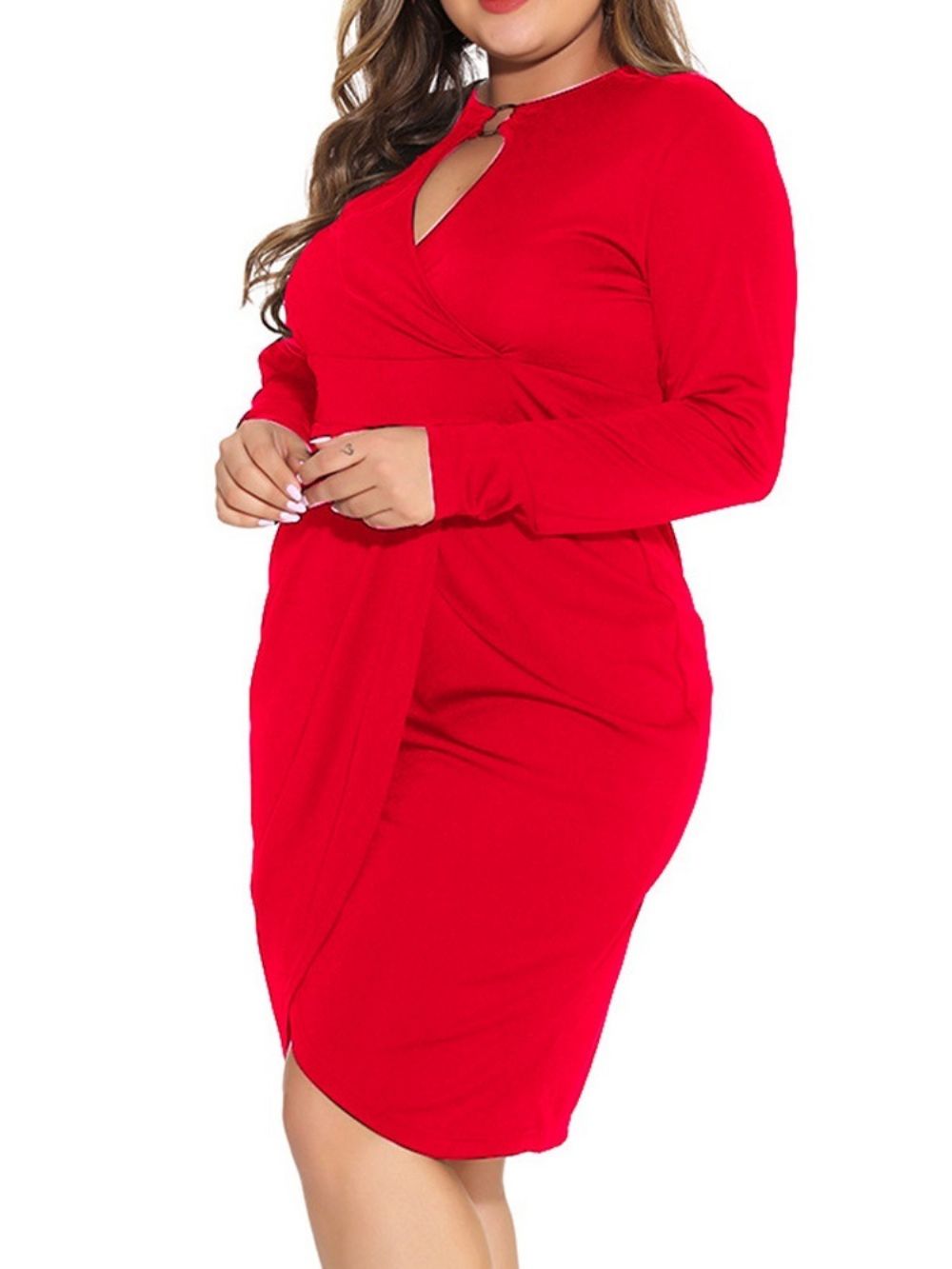 Vestido De Manga Comprida Assimétrica Na Altura Do Joelho Liso Preto Bodycon Plus Size