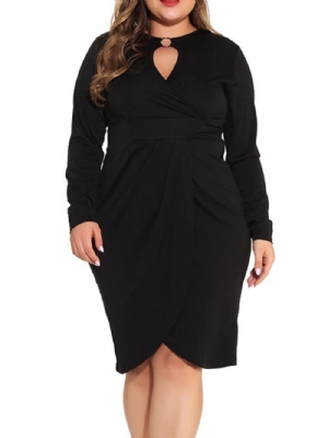 Vestido De Manga Comprida Assimétrica Na Altura Do Joelho Liso Preto Bodycon Plus Size