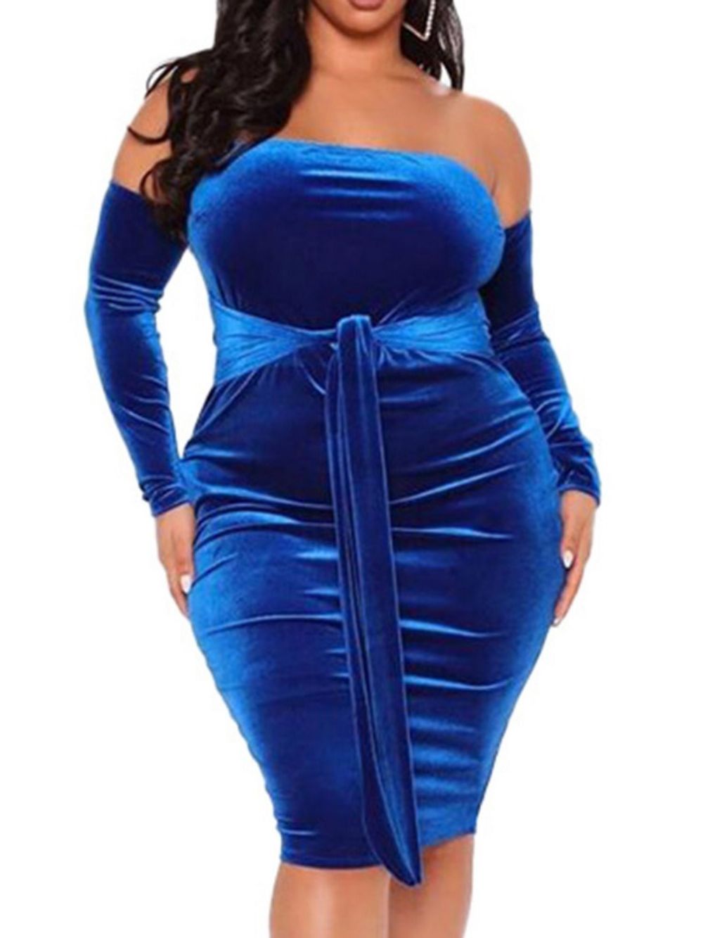 Vestido De Manga Comprida Com Cadarço Na Altura Do Joelho Liso Bodycon Plus Size