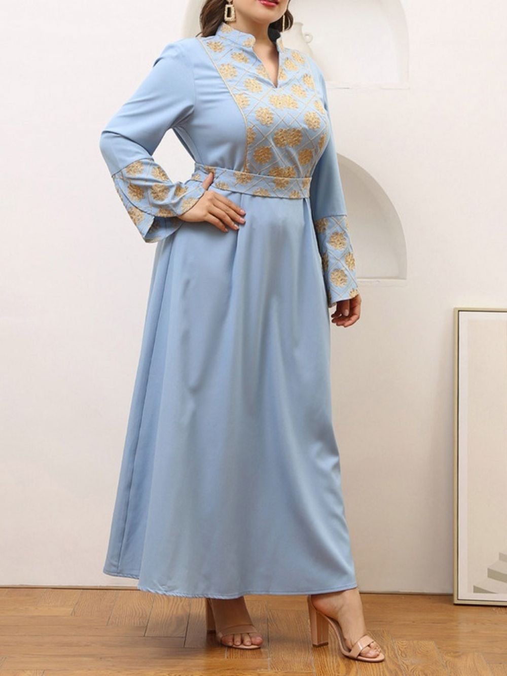 Vestido De Manga Comprida Com Gola Até O Tornozelo Primavera Ocidental Plus Size