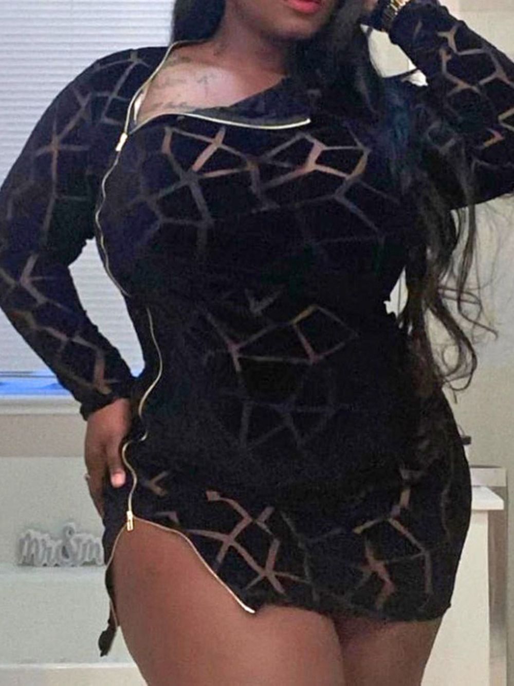 Vestido Manga Longa Acima Do Joelho Com Zíper Sexy Bodycon Plus Size