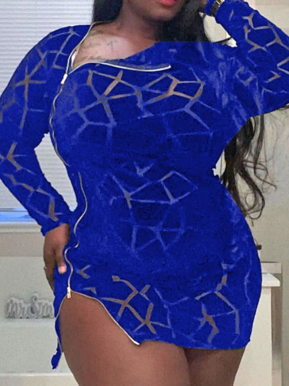 Vestido Manga Longa Acima Do Joelho Com Zíper Sexy Bodycon Plus Size