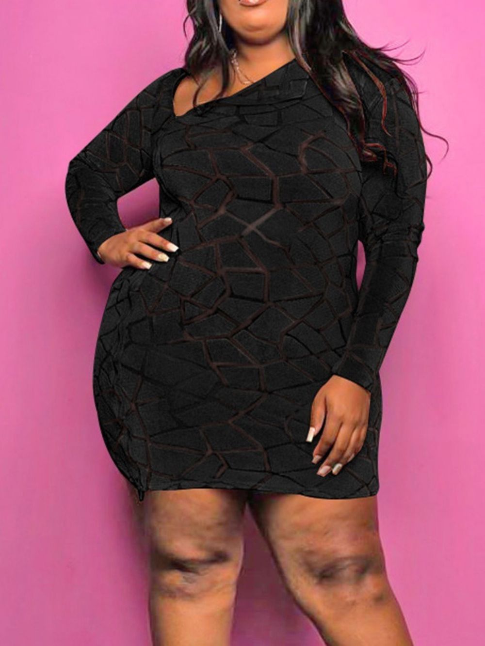 Vestido Manga Longa Acima Do Joelho Com Zíper Sexy Bodycon Plus Size