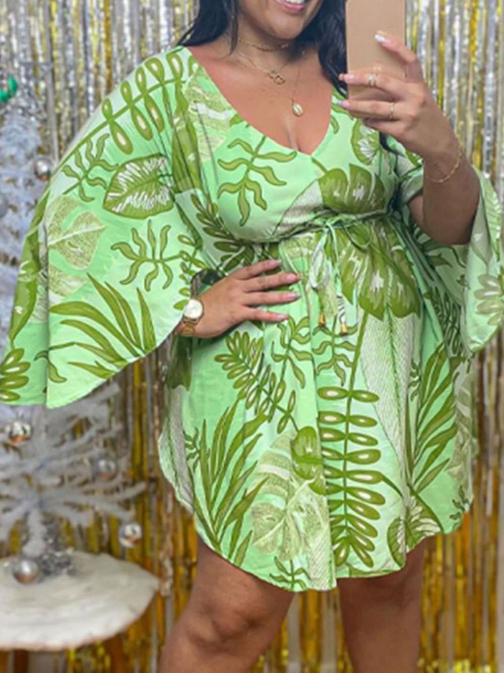 Vestido Manga Longa Com Estampa Acima Do Joelho Linha A De Plantas Plus Size