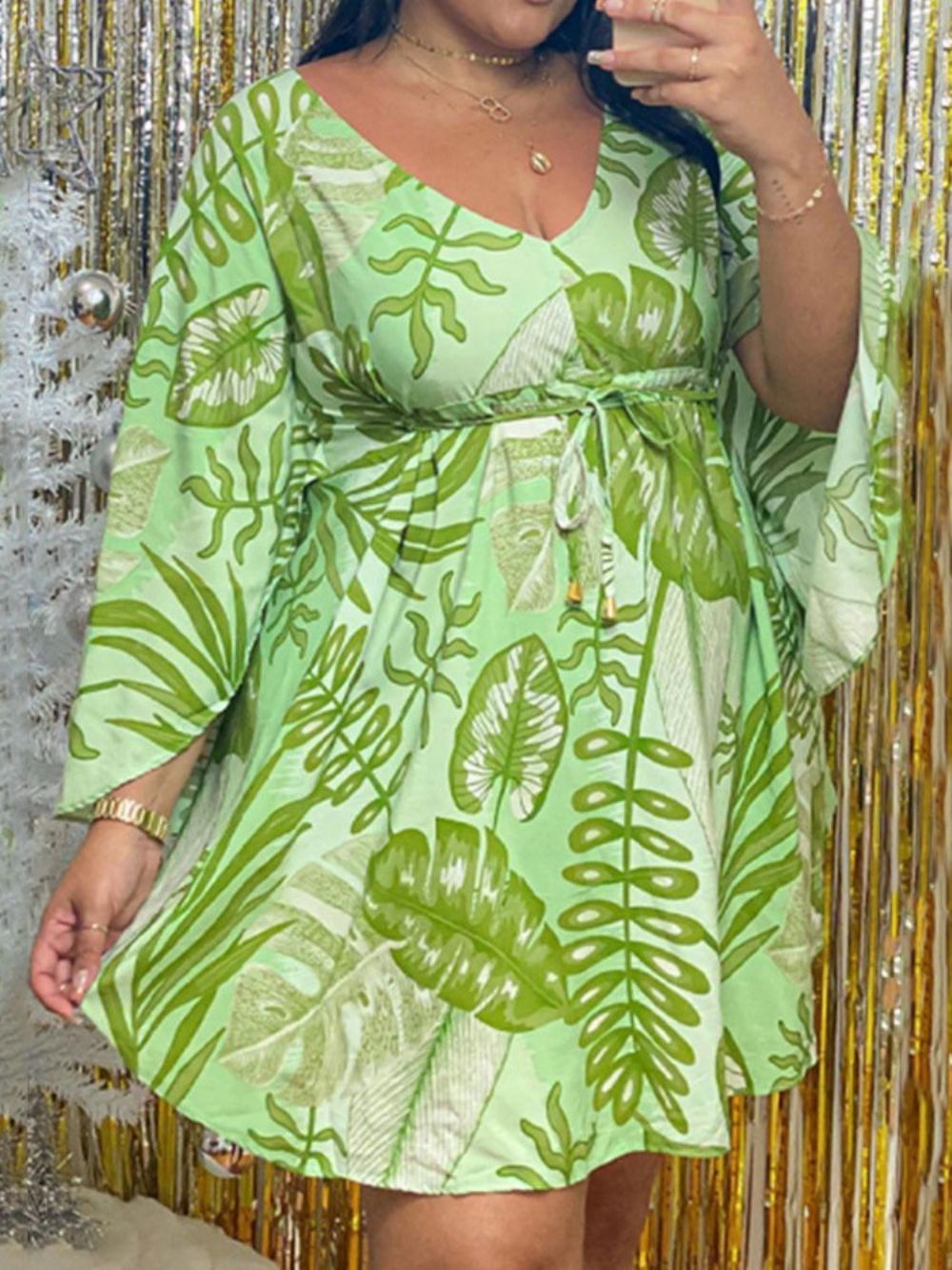 Vestido Manga Longa Com Estampa Acima Do Joelho Linha A De Plantas Plus Size