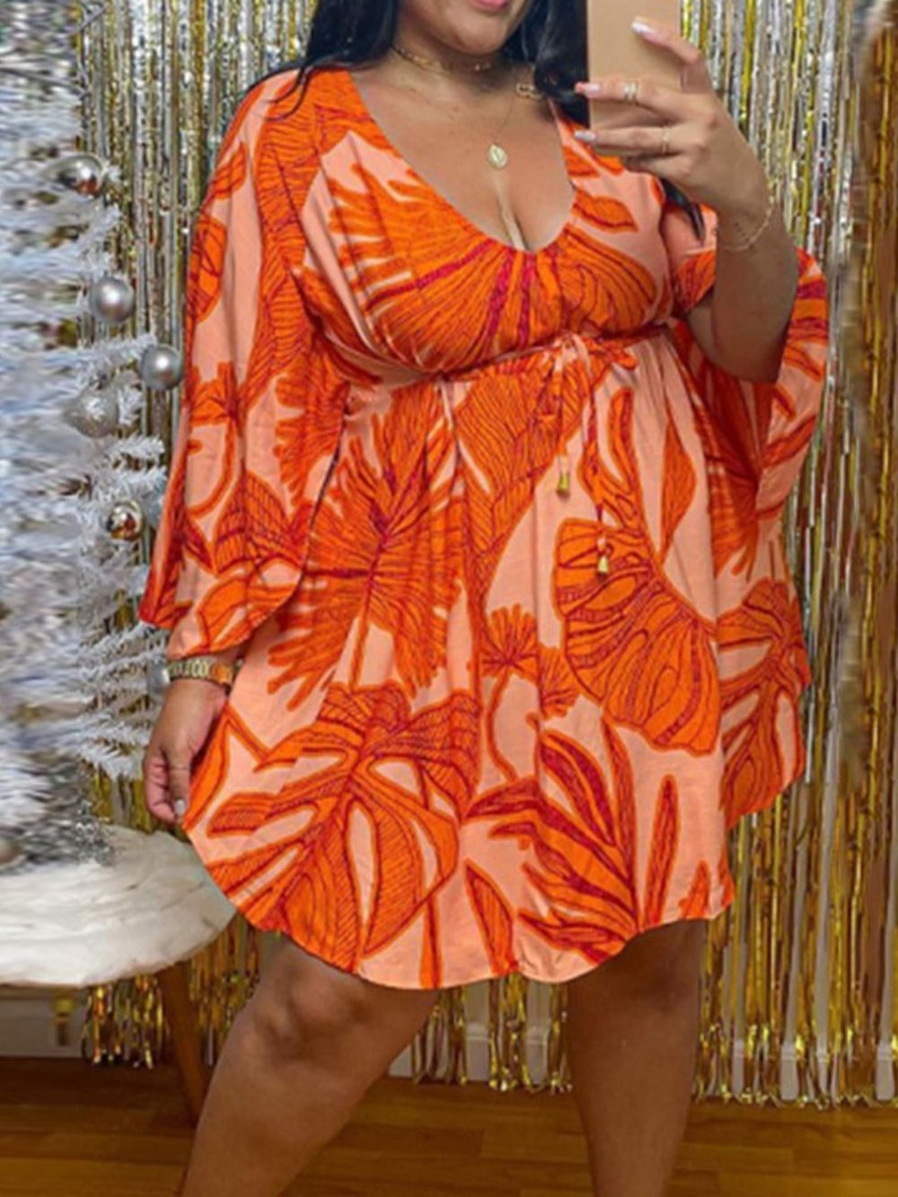 Vestido Manga Longa Com Estampa Acima Do Joelho Linha A De Plantas Plus Size