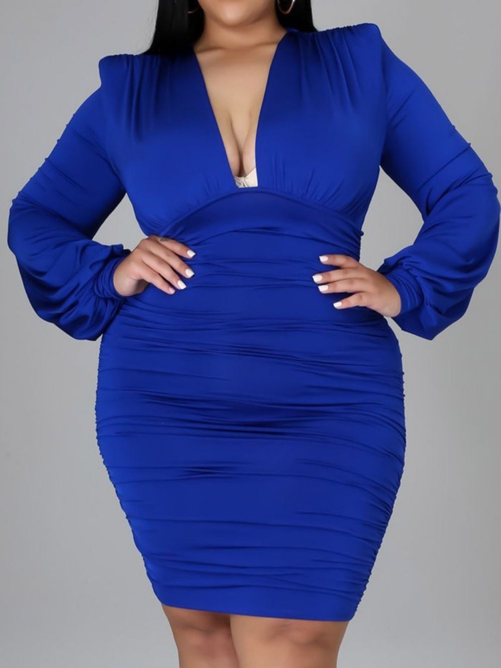 Vestido Manga Longa Gola V Acima Do Joelho Liso Bodycon Plus Size