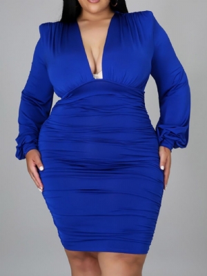 Vestido Manga Longa Gola V Acima Do Joelho Liso Bodycon Plus Size