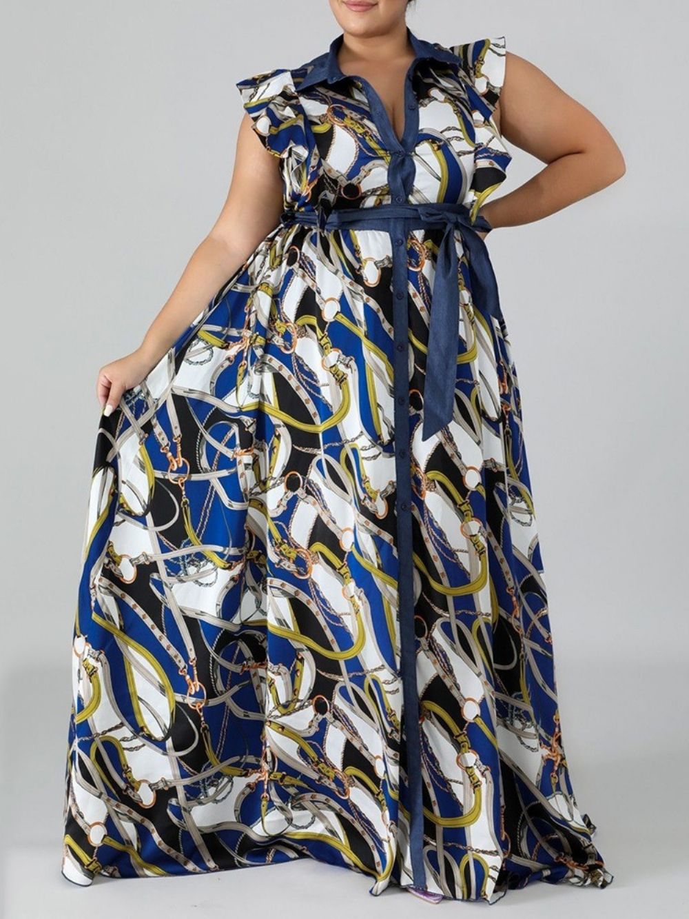 Vestido Maxi De Abotoamento Único Ocidental Manga Curta Comprimento Até O Chão Com Cadarço Plus Size