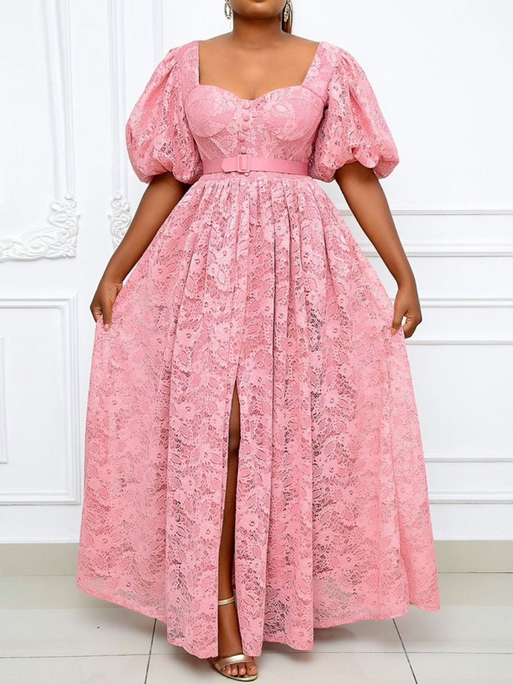 Vestido Maxi De Cintura Alta Com Botão Até O Tornozelo Manga Curta Plus Size