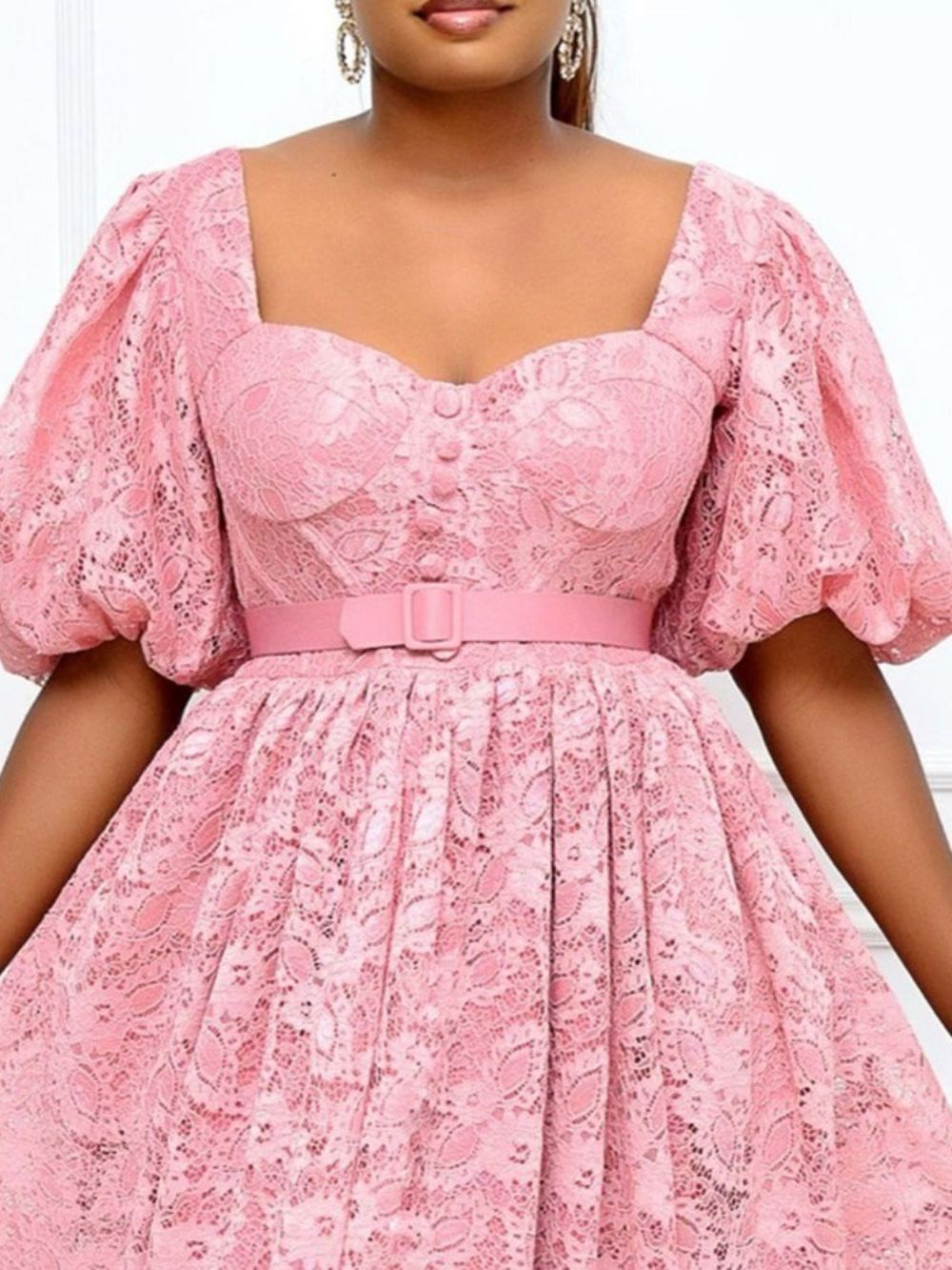 Vestido Maxi De Cintura Alta Com Botão Até O Tornozelo Manga Curta Plus Size