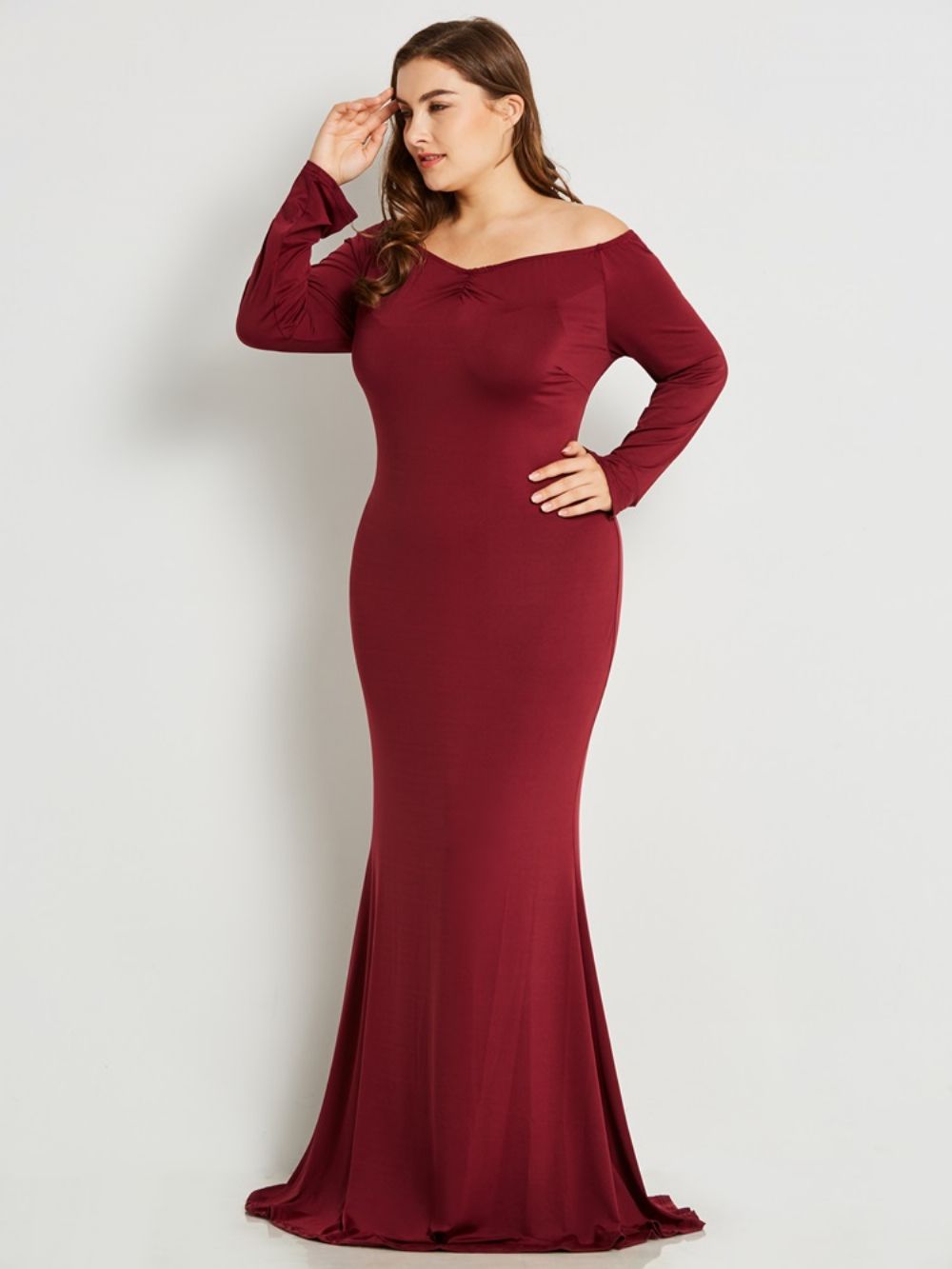 Vestido Maxi Com Decote Em V Slim Plissado Plus Size Com Gola Sólida