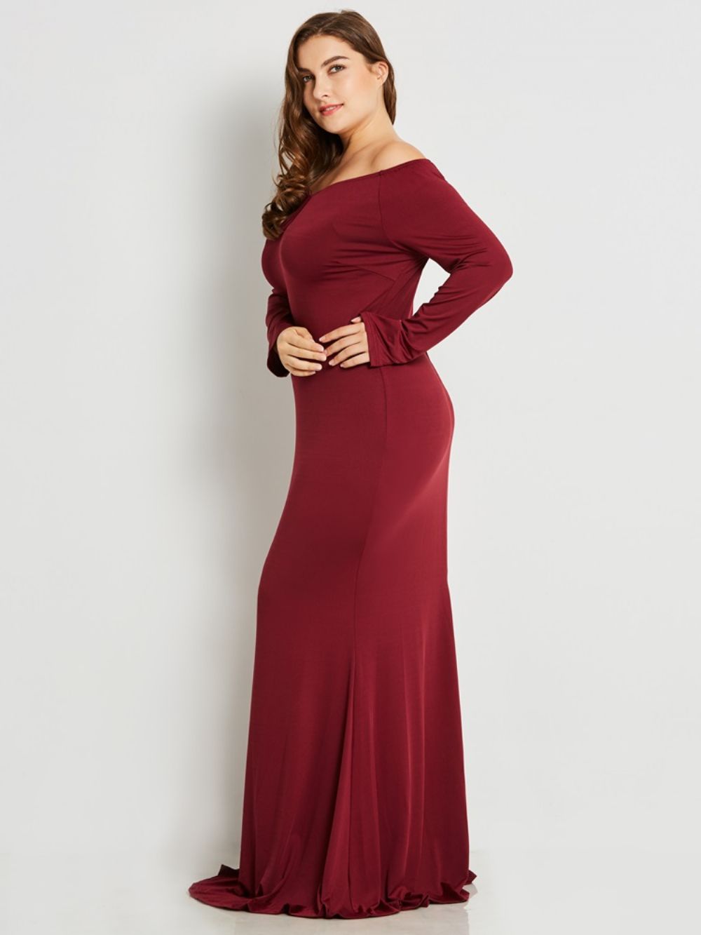 Vestido Maxi Com Decote Em V Slim Plissado Plus Size Com Gola Sólida