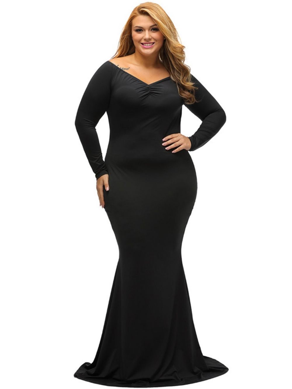 Vestido Maxi Com Decote Em V Slim Plissado Plus Size Com Gola Sólida