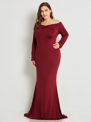 Vestido Maxi Com Decote Em V Slim Plissado Plus Size Com Gola Sólida