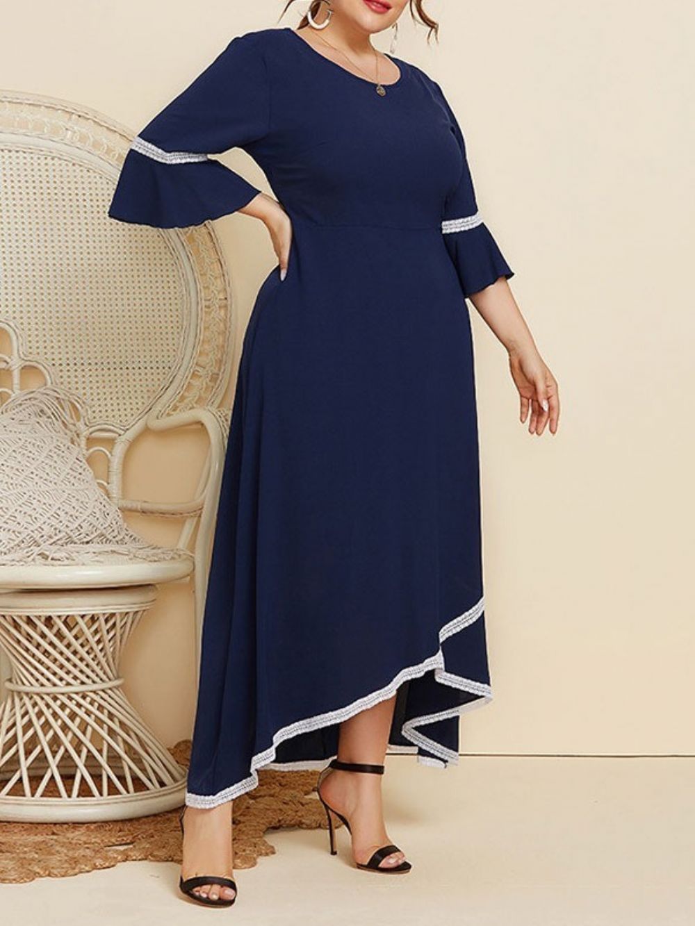 Vestido Maxi Com Manga Três Quartos Comprimento Tornozelo Gola Redonda Plus Size