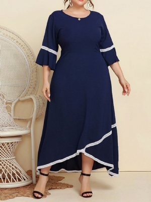 Vestido Maxi Com Manga Três Quartos Comprimento Tornozelo Gola Redonda Plus Size