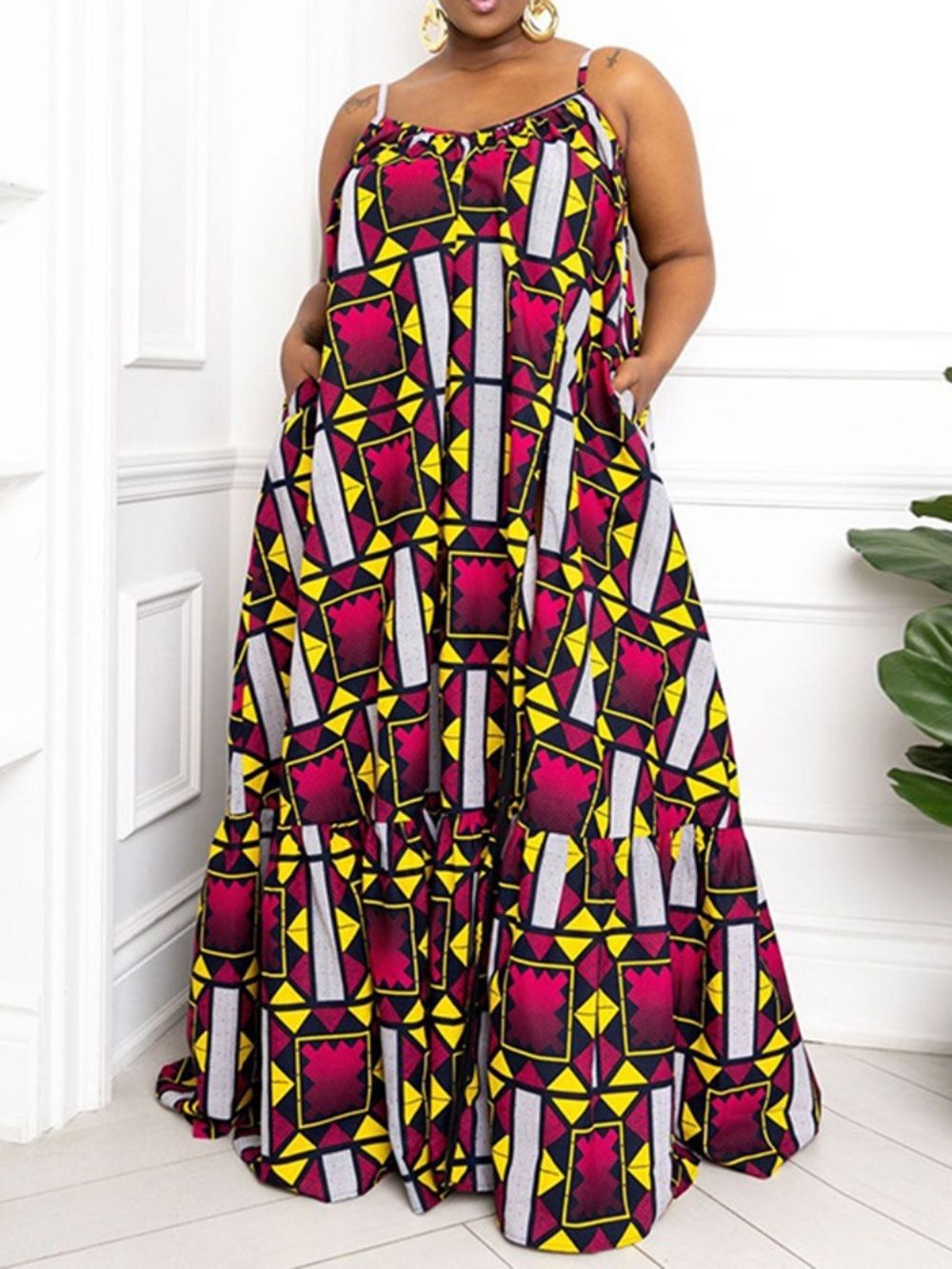 Vestido Maxi Geométrico Até O Chão Sem Mangas Divididas Plus Size