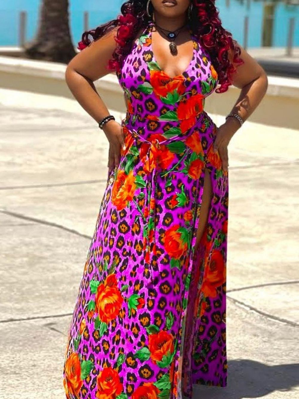 Vestido Maxi Sexy Longo Estampado Sem Manga Plus Size