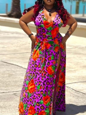 Vestido Maxi Sexy Longo Estampado Sem Manga Plus Size