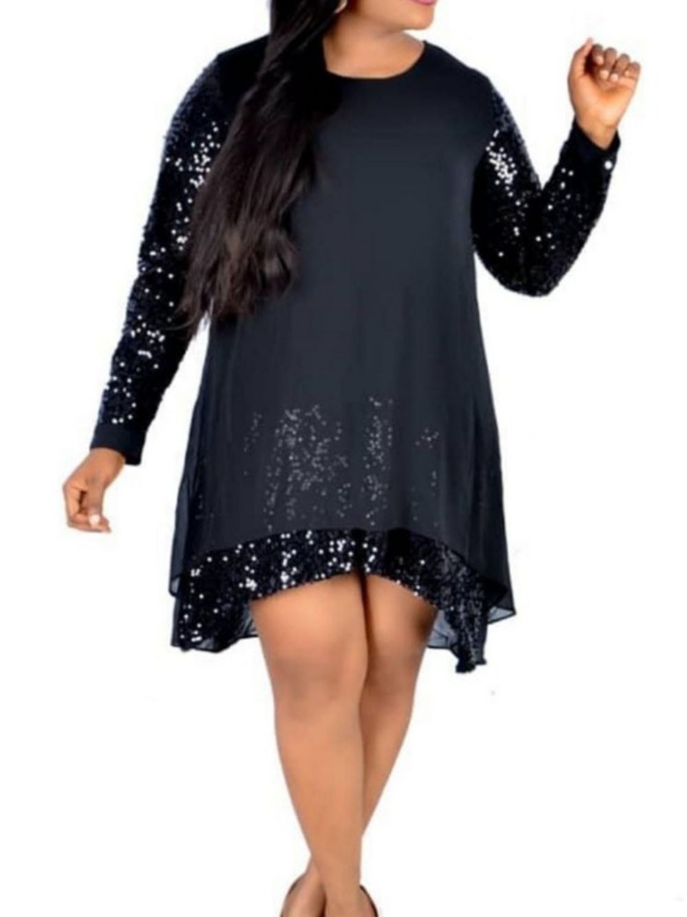 Vestido Na Altura Do Joelho Com Patchwork Assimétrico E Lantejoulas Plus Size