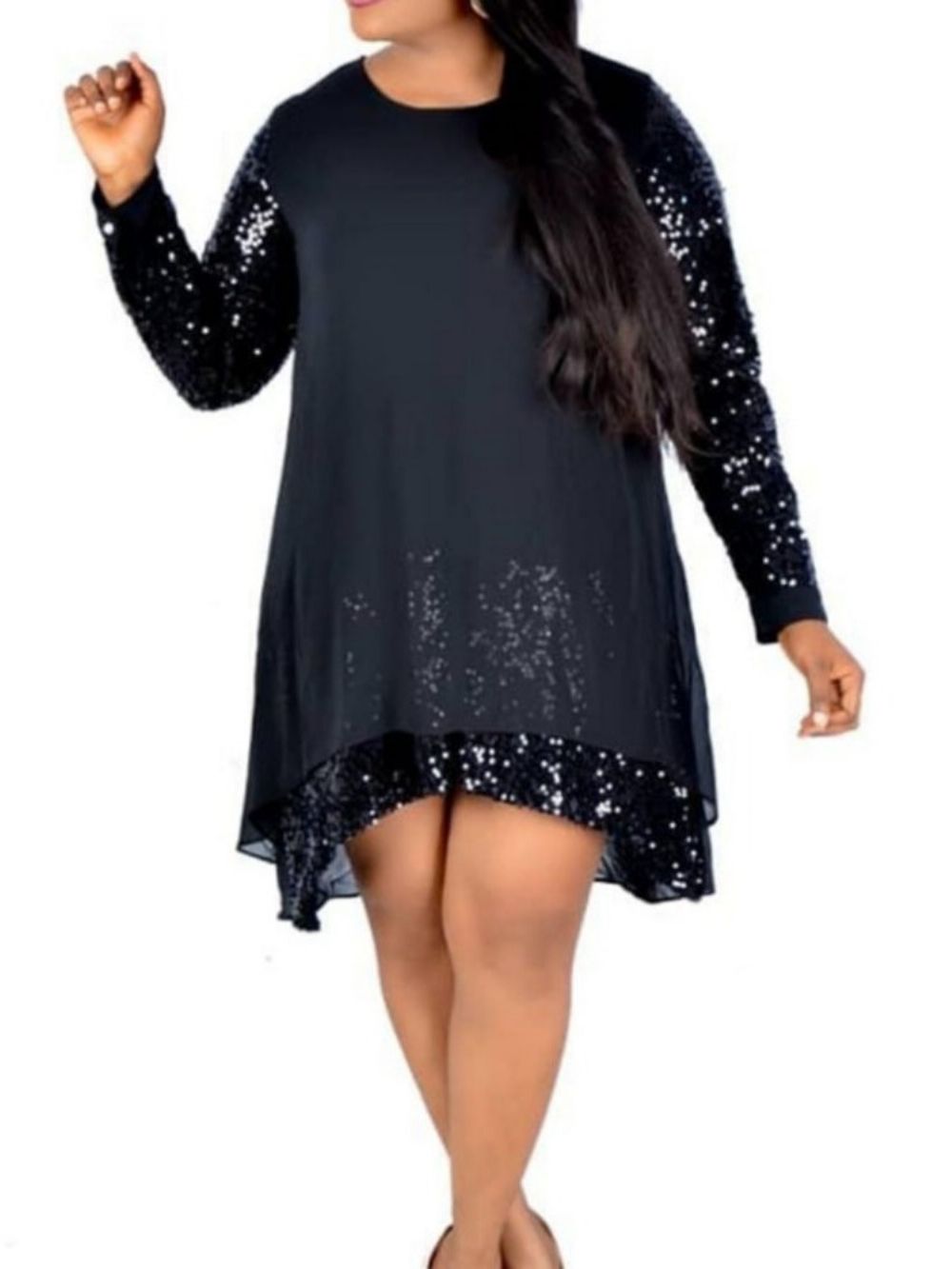 Vestido Na Altura Do Joelho Com Patchwork Assimétrico E Lantejoulas Plus Size