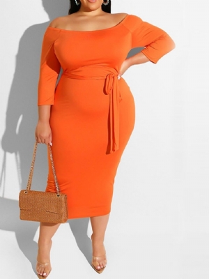 Vestido Normal Com Cadarço Fora Do Ombro Manga Três Quartos Plus Size