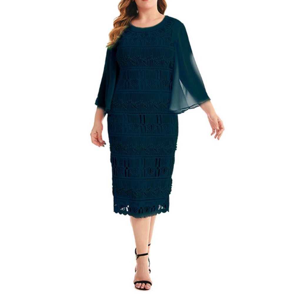 Vestido Oco Manga Três Quartos Meia Panturrilha Bodycon Manga Flare Plus Size