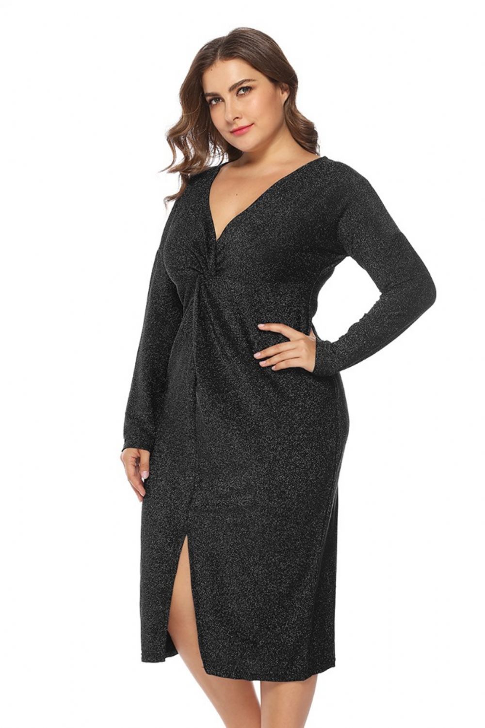 Vestido De Outono Plus Size Manga Longa Com Decote Em V Dividido