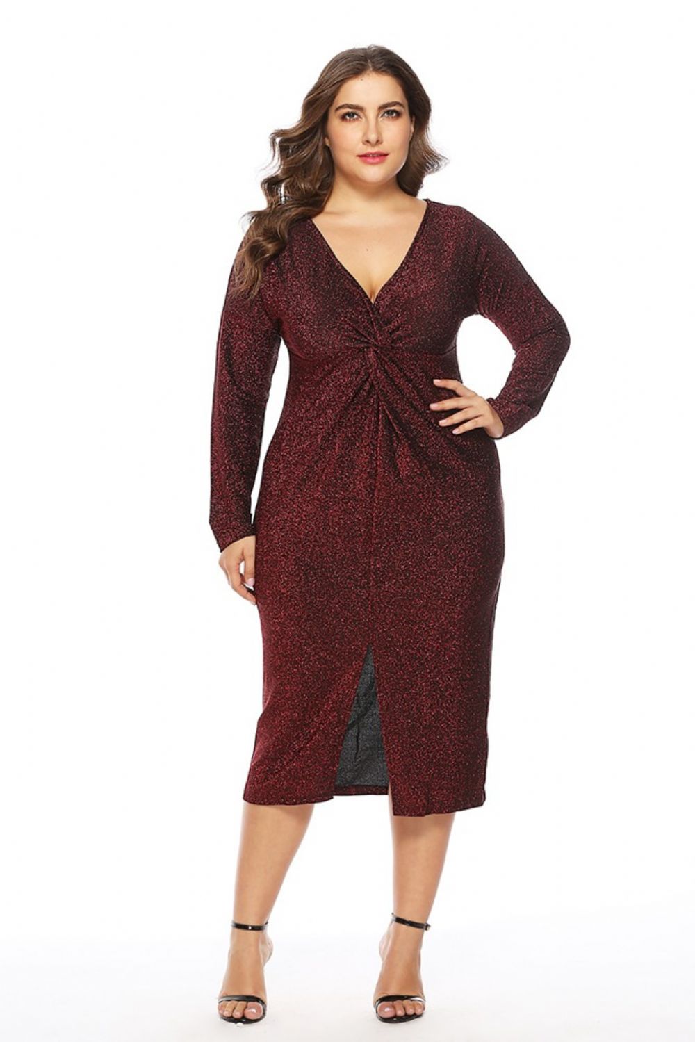 Vestido De Outono Plus Size Manga Longa Com Decote Em V Dividido