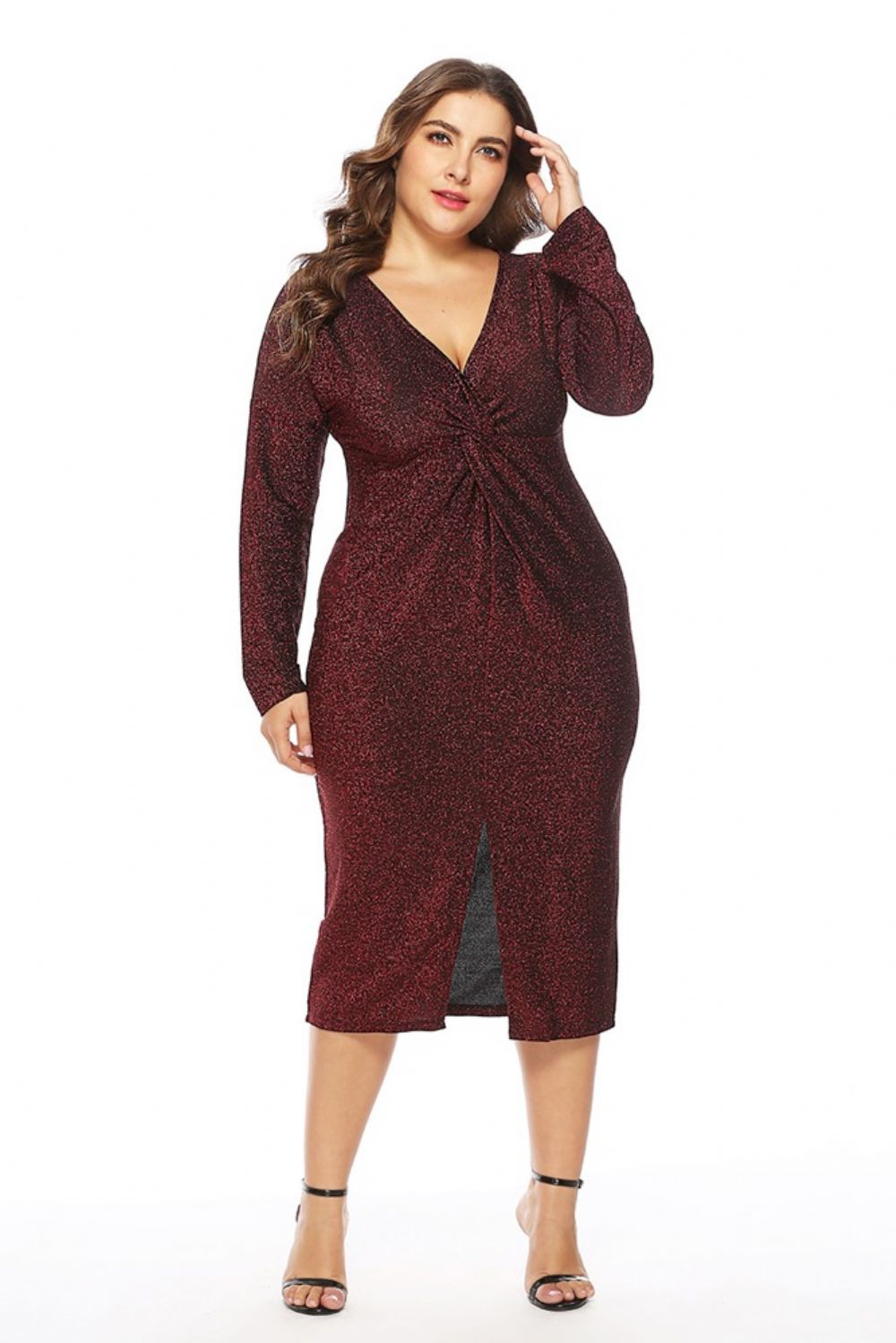 Vestido De Outono Plus Size Manga Longa Com Decote Em V Dividido