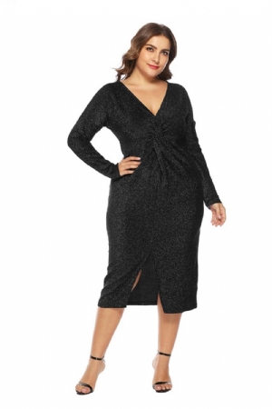 Vestido De Outono Plus Size Manga Longa Com Decote Em V Dividido