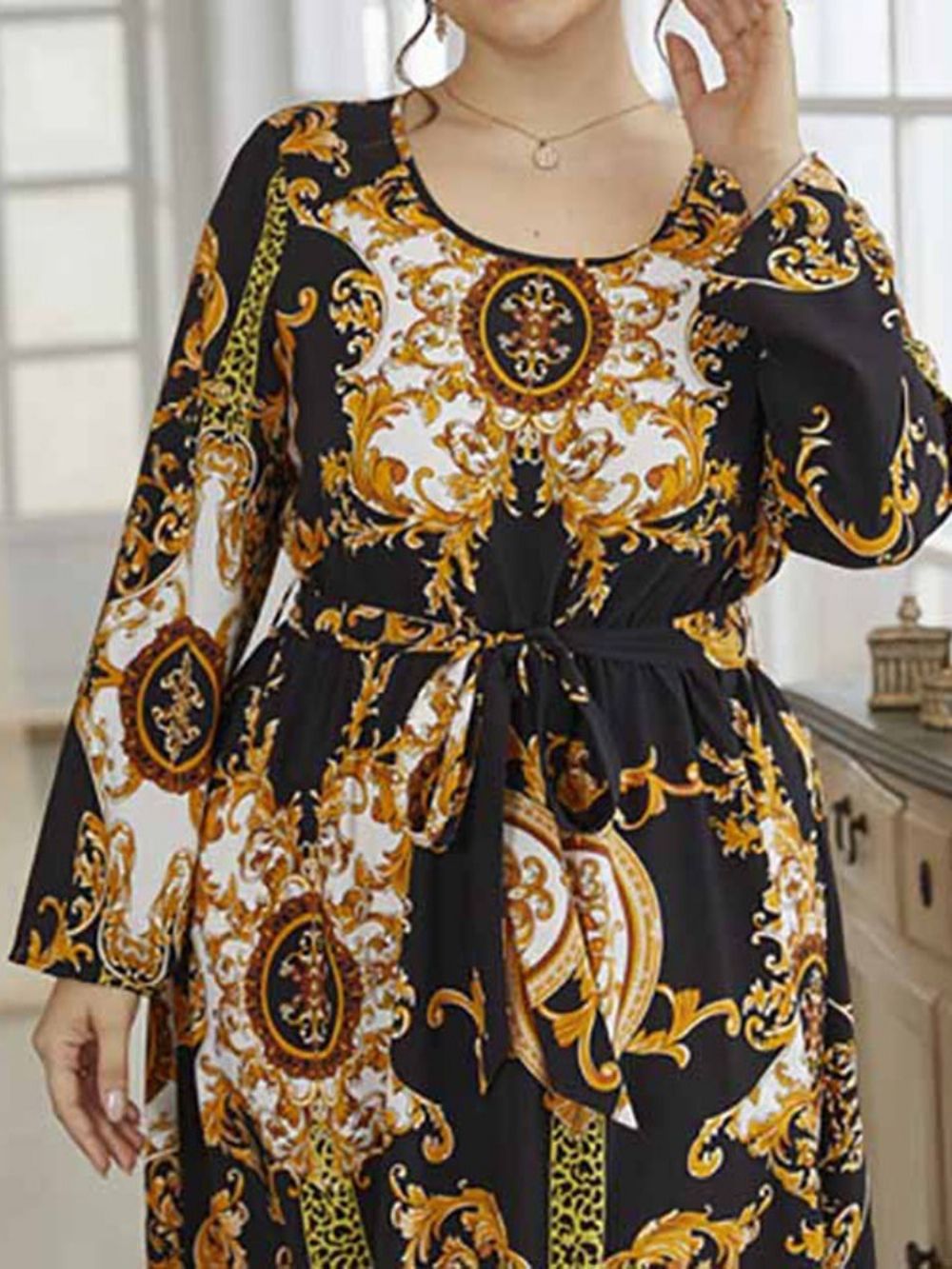 Vestido De Pescoço Redondo Estampado Comprimento Do Tornozelo Primavera Ocidental Plus Size