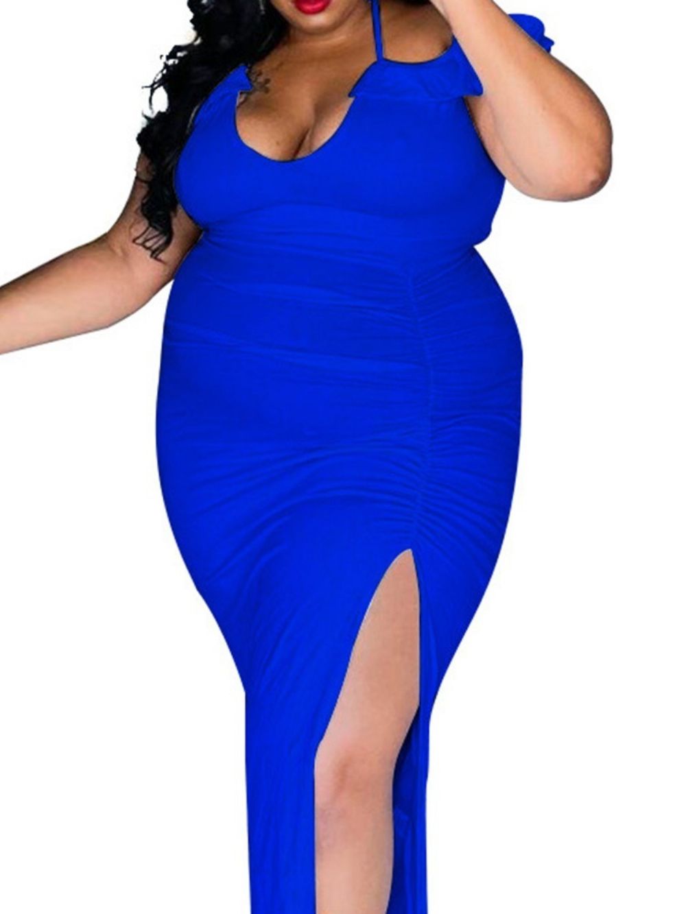 Vestido Plissado Manga Curta Comprimento Chão Bodycon Liso Plus Size