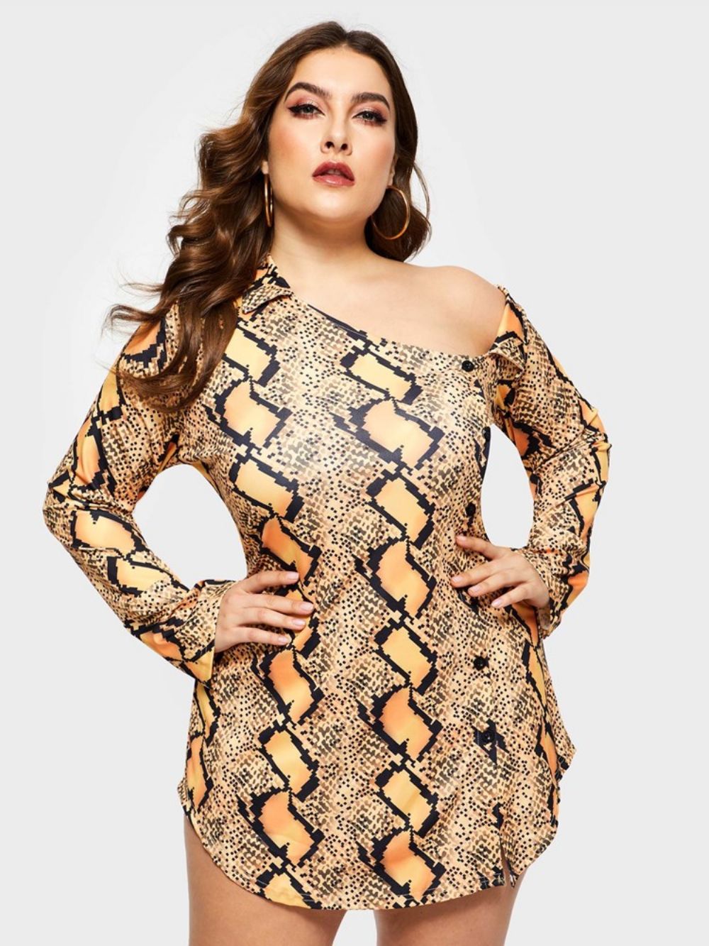 Vestido Plus Size Acima Do Joelho Manga Longa Gola Oblíqua