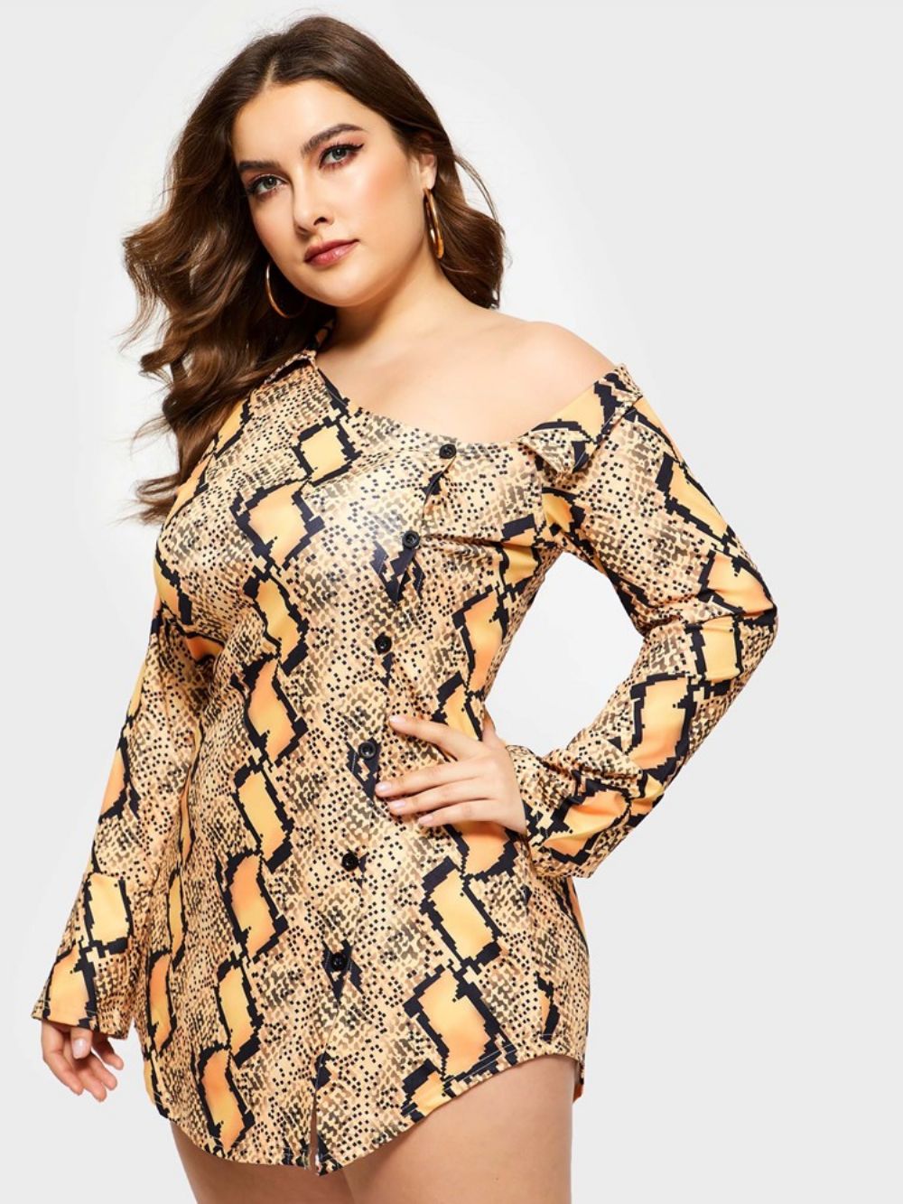 Vestido Plus Size Acima Do Joelho Manga Longa Gola Oblíqua