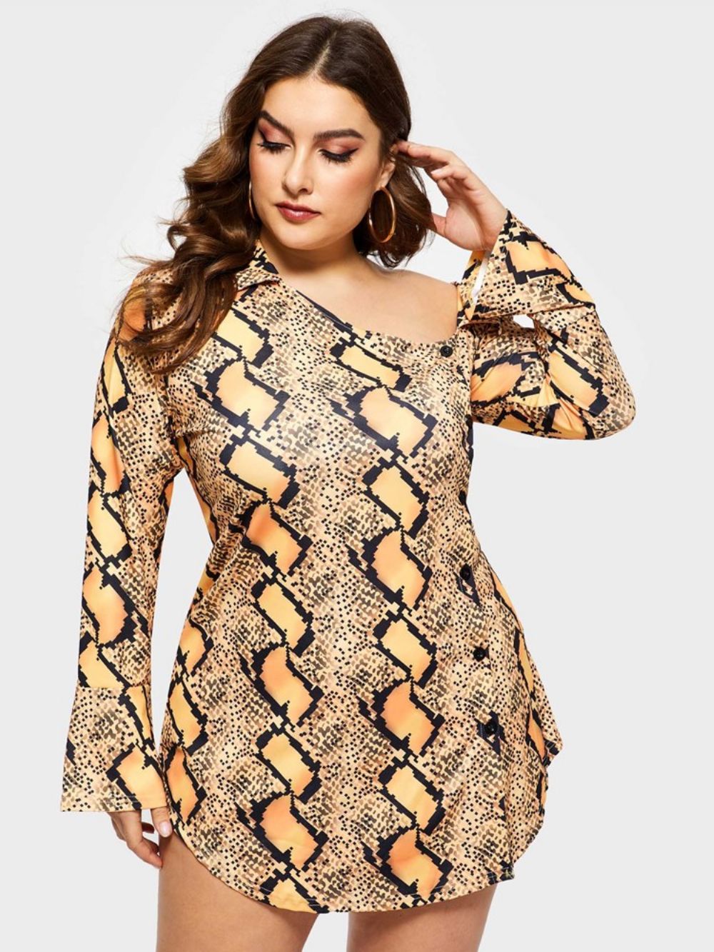 Vestido Plus Size Acima Do Joelho Manga Longa Gola Oblíqua