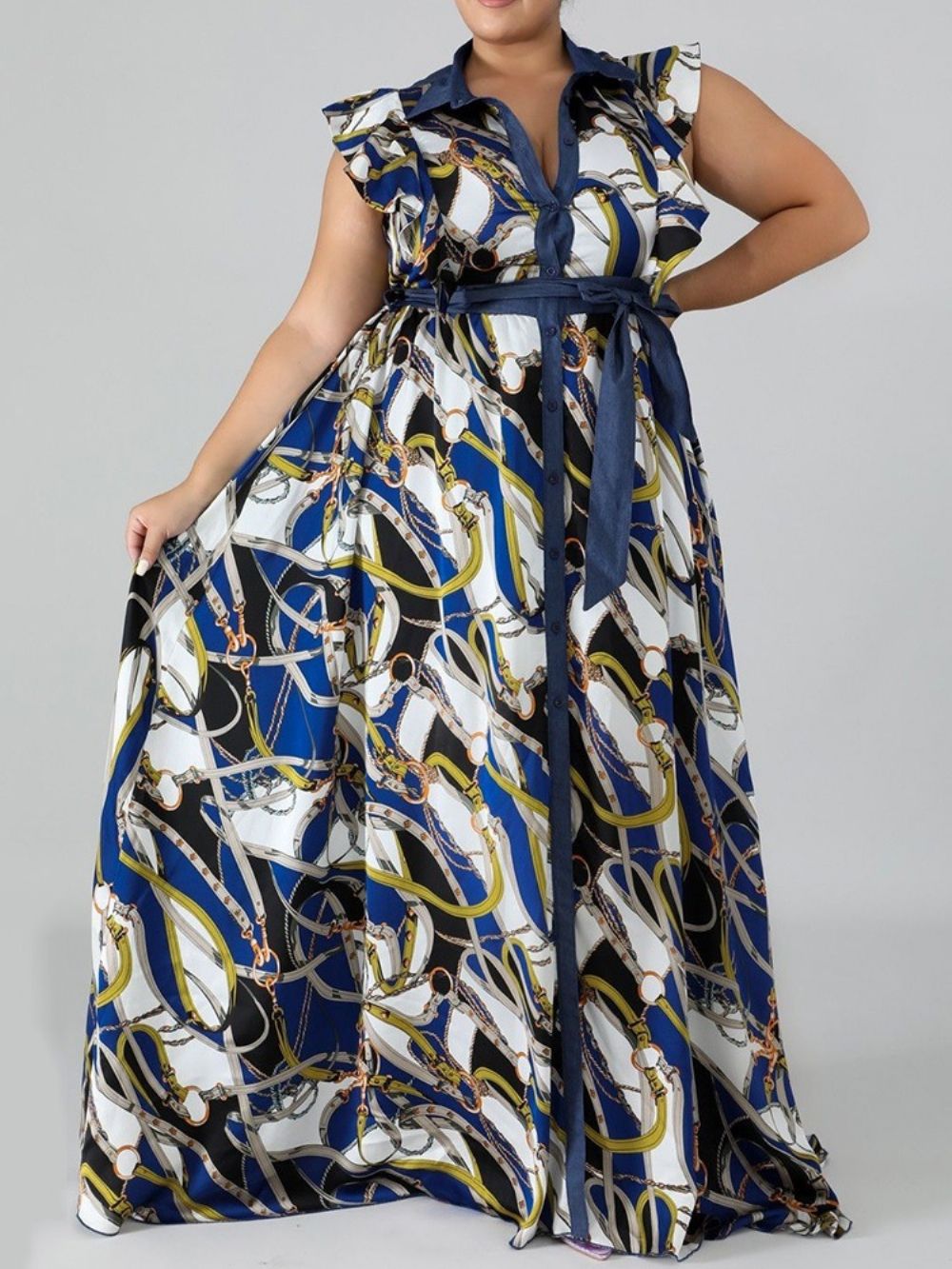 Vestido Plus Size Com Estampa De Lapela E Comprimento Do Chão