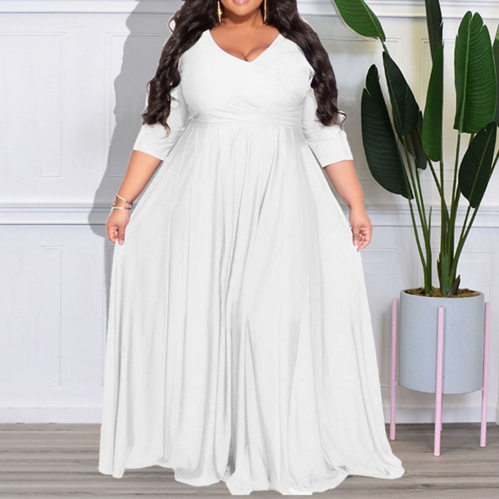 Vestido Plus Size Manga Três Quartos Com Decote Em V Até O Chão E Cintura Alta