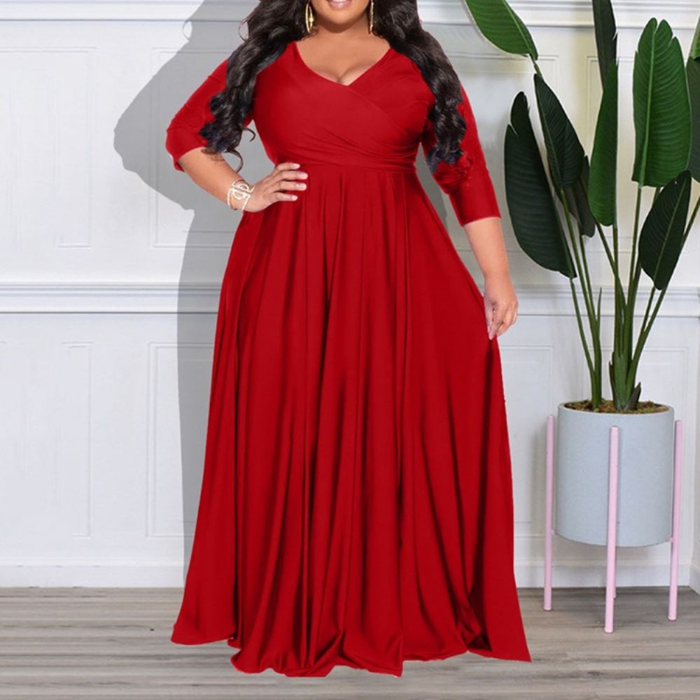 Vestido Plus Size Manga Três Quartos Com Decote Em V Até O Chão E Cintura Alta