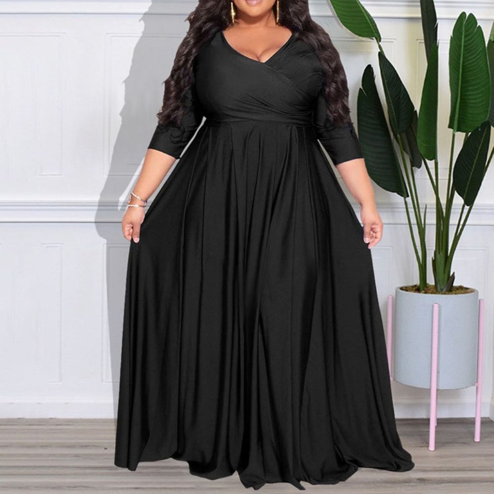 Vestido Plus Size Manga Três Quartos Com Decote Em V Até O Chão E Cintura Alta